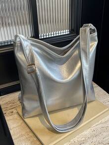 New Silver Large Capacity Metallic Color Soft PU Water-Resistant Single Compartment Crossbody Bag, Suitable For Daily Commute - Silver - View 7