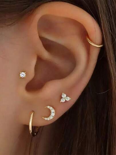 5 قطع/مجموعة أقراط إكسسوارات مزينة بزهور وأشكال هلالية صغيرة للنساء، مناسبة للاستخدام اليومي والحفلات وهدايا عيد الميلاد