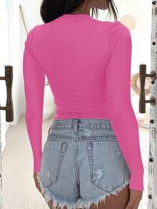 Áo dệt kim dài tay cổ chữ V ôm sát gợi cảm phong cách Y2K dành cho nữ của Vaiaye, áo thun cổ chữ V màu trơn mùa xuân/hè, thích hợp mặc trong ngày Valentine. - Hồng hồng - Xem 5