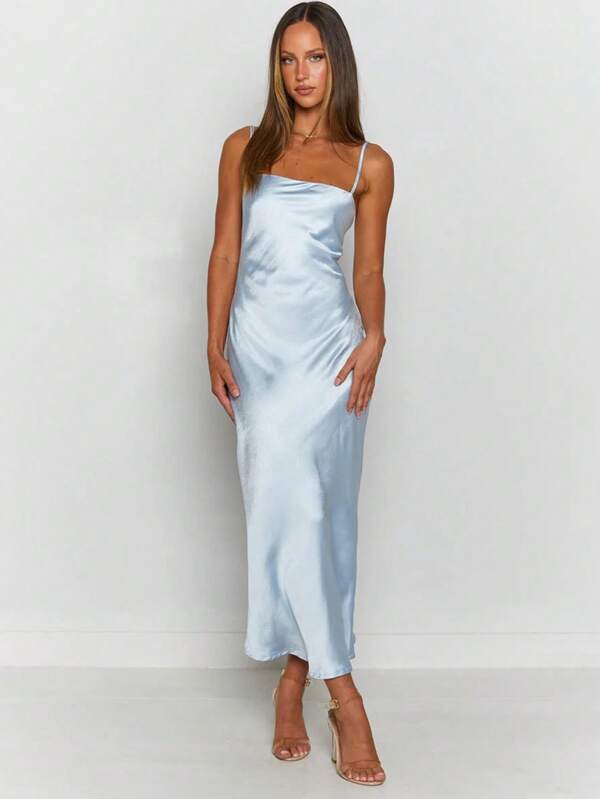 Women's Elegant Glamorous Sleeveless Satin Midi Cocktail Dress Off The Shoulder Backless Design