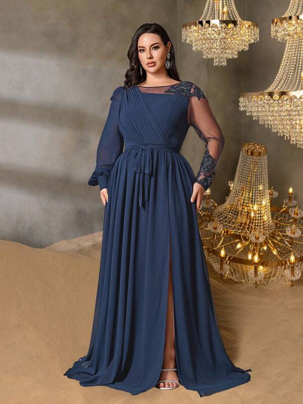 Faeriesty Curve Plus Elegant Appliques Round Neck Long Sleeves Split Thigh A-Line Chiffon Formal Party Dress For Galas, Weddings, Proms, Red-Carpet Events, And High-End Banquets​