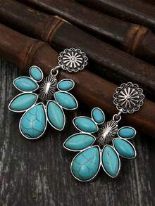 1 Pair Retro Bohemian Style Flower & Turquoise Teardrop Earrings, Classic Women Jewelry - Multicolor - View 2