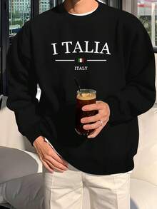 Italia Print Crew Neck Sweatshirt For Men, Casual Polyester Knit Fabric Long Sleeve Sport Sweater, Regular Fit, With Slight Stretch, With Italian Element Graphic Design - 黑色 - 查看 2