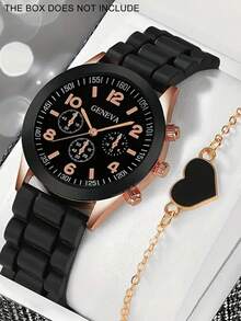 2PCS Women's Sports Casual Watches, Women's Quartz Watches, Round Dial With Arabic Numerals, Rubber Strap, Paired With Heart-Shaped Bracelet, The Perfect Gift For Girls. Suitable For Daily Wear, Weddings, And Parties, An Ideal Choice For Festive And Birthday Gifts, Without Gift Box.
