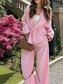 1pc Women's Vintage Loose Casual Turndown Collar Long Sleeve Single-Breasted Wool Blend Jacket, Autumn/Winter - Pink - View 3