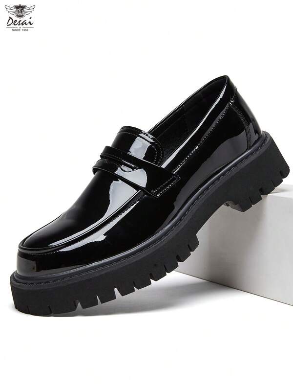 DESAI Desai Slip-On-On Men's Loafers, Thick Sole Elevator Glossyy Men's Leather Shoes, Comfortable MinimalisSlouchyzy Penny Loafers