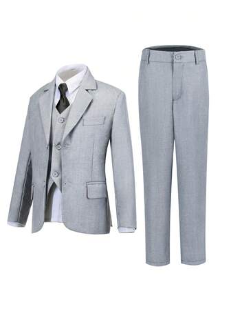 Teen Boys Suits 4-Pieces Suit Set Toddler Tuxedos Dresswear Ring Bearer Outfit Wedding Blazer Pants Shirts Tie Formal Suits For Teen Boy Light Grey Birthday Wedding Graduation Wedding Guest Pageboy Size 6-16Y