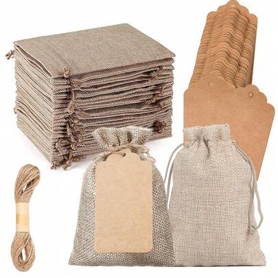 Brown Gift Bag And Hemp Rope Tag Combination, Christmas Advent Gift Bag, Suitable For DIY Weddings, Christmas Gifts, Parties, Jewelry Bags, Birthdays, Mother's Day, Valentine's Day, Halloween, Christmas Eve Decoration Accessories