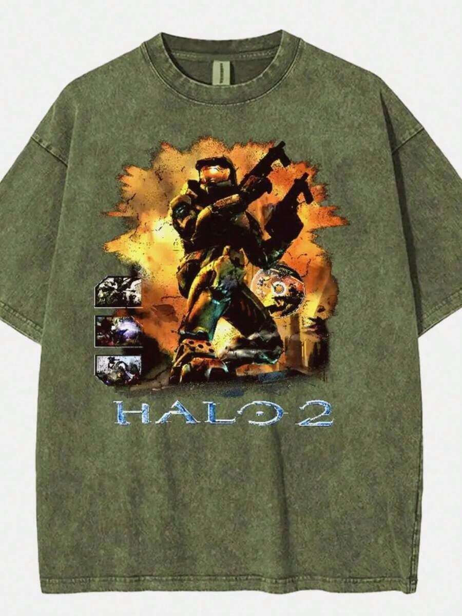 Washed Halo 2 T-Shirt Oversized Unisex Acid Wash Lightweight Cotton T-Shirt, Game Enthusiast, Fabric Mens Top Collar Streetwear Cropped T-Shirt Edgy Street Style Fashion, Perfect For Daily & Party Outfits - 軍綠色 - 查看 1
