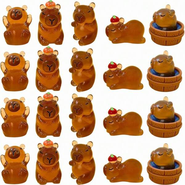 5 piezas Mini Figuras de Capibara que brillan en la oscuridad - Decoración de escritorio linda de resina con sombreros de fresa, encantos DIY para fundas de teléfono y llaveros - Perfecto para decoración del hogar, regalos de Navidad, Halloween, Acción de Gracias, decoración de escritorio festiva | Decoración caprichosa | Figuras de resina, accesorios de escritorio lindos