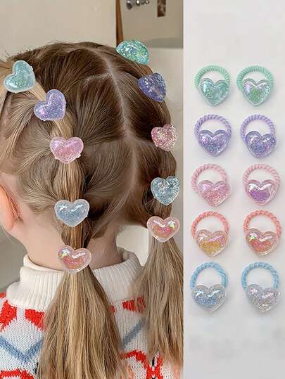 Conjunto de 10 presilhas de cabelo fofas em formato de coração com glitter, pérolas e estrelas para meninas - Acessórios de cabelo de plástico sem fio para crianças, ideais para todas as estações, como Natal, Festival da Primavera, acampamentos e looks casuais. Prendas de cabelo festivas | Acessórios de cabelo divertidos | Prendas de cabelo duráveis | Acessórios de cabelo para meninas