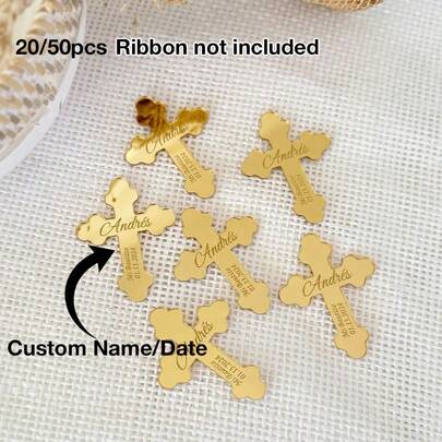20/50pcs Personalized Acrylic Mirror Cross Gift Tags (Ribbon Not Included), Luxury Wedding Baptism, Christmas Tags, Customized Decoration Gifts