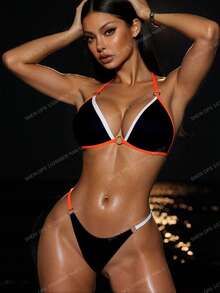 Swim SXY Summer Beach Contrast Binding Ring Linked Triangle Bikini Set - Black - View 2