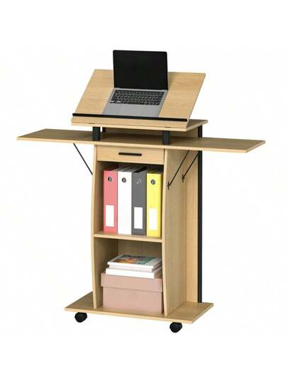 HOMCOM Rollbarer Podium St Lectern Folding Side Wings, Laptop Bureau Drawer Shelves, Oak Look view 8