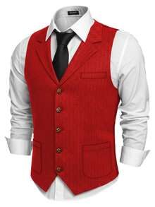 Retro Men's Western Cowboy Suit Vest Slim Fit V Neck Suede Leather Dress Vests Vintage Prom Wedding Casual Waistcoat - 紅色 - 查看 1