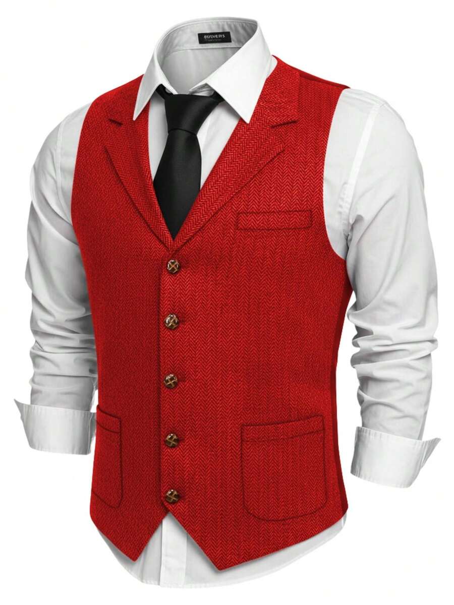 Retro Men's Western Cowboy Suit Vest Slim Fit V Neck Suede Leather Dress Vests Vintage Prom Wedding Casual Waistcoat - 紅色 - 查看 1