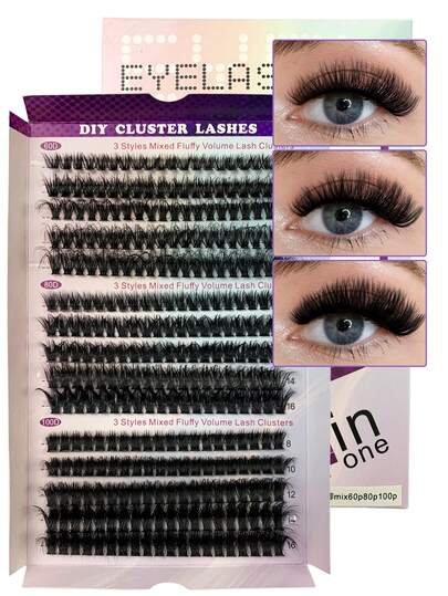 Hinarin 300 Stück D-Curl Flauschige Wimpernbüschel 60D+80D+100D Einzelne Wimpern Natürliches Aussehen Dicke Büschel Wimpernverlängerungen Verwischte Wimpernbüschel Einzelne Wimpern 8-16mm Volumen Büschel Wimpern für Alltag und Party Falsche Wimpern Set