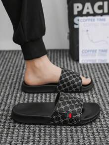 Men's Spring To Summer Classic Floral Print Sandals, Indoor & Outdoor Plus Size Strap Slide Slippers, Non-Slip Sports Casual House Slippers - Black - View 3