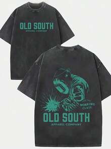 "Durable Structure" Men's Old South Welding Master Retro Pattern T-Shirt, 100% Cotton Double-Sided Floral Print, Crew Neck, Cyan, Casual Street Style Tee LUEJ - màu đen - Xem 7