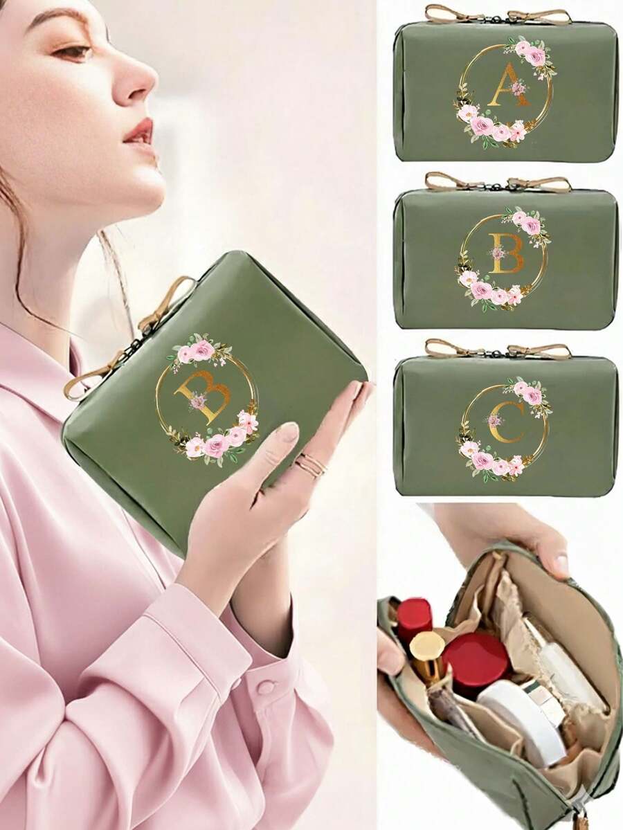 Elegant Floral Corduroy Cosmetic Bag - Large Capacity Storage Pouch, Can Hold Makeup Brushes And Toiletries, Soft Multi-Compartment Travel Organizer, Perfect For Vanity Table And On-The-Go, Ideal Bridesmaid Gift, Best For New Year And Valentine's Day, Suitable For All Gifting Occasions And Age Groups,Pouch,Makeup Pouch,Travel Essential
