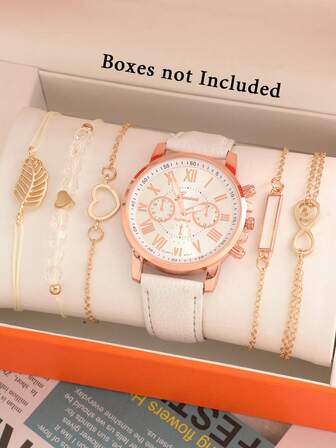 Elegant 6-delat set med klocka och smycken för kvinnor – Med 5 smycken med bladdekorationer och elegant minimalistisk urtavla, mångsidig för vardagsbruk och perfekt present till festivaler, födelsedagar och speciella tillfällen