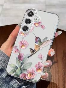 Cute Hummingbird And Pink Flower Pattern Clear Phone Case. Compatible With Samsung Galaxy S25/24/23/22/21/ULTRA/PLUS/FE/A71/56/55/54/53/52/36/35/34/26/25/23/16/15/14/13/10. Suitable For Women, Girls, Men And Boys, A Great Gift For Friends. - 彩色 - 查看 2