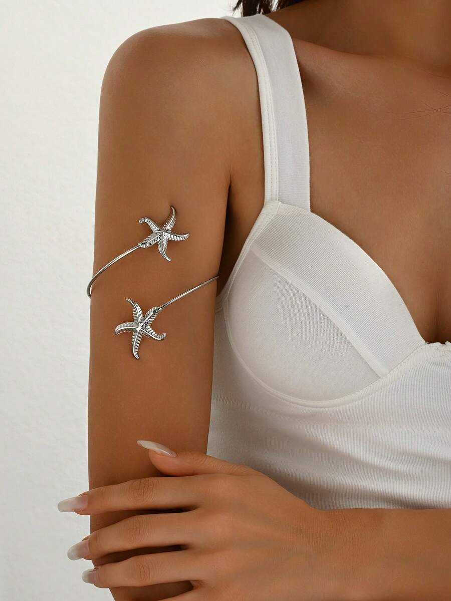1pc Fashionable Minimalist Starfish Arm Cuff Bracelet, Suitable For Women Beach, Party, Wedding, Holiday, Music Festival, Gift - Silver - View 1