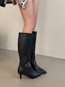 New Women's Thigh High Boots, Over-The-Knee High Shaft Boots, Autumn/Winter, Versatile, Leather Buckle Strap, Pointed Toe, Slim Stiletto High Heels,Kitten Heels