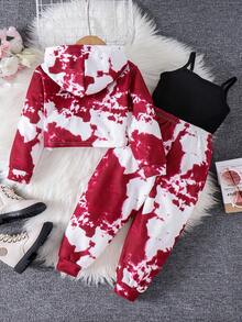 女童扎染印花长袖连帽衫、吊带背心和裤子三件套，街头风格运动装，秋冬 - 玫瑰紅 - 查看 3