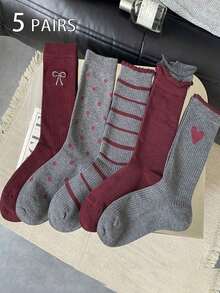 5 Pairs Women's Ankle Socks, Grey And Burgundy, Suitable For All Seasons - Multicolor - View 9