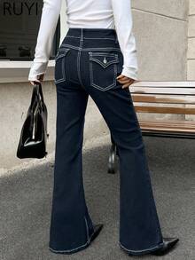 新款女士 Y2K 街头时尚多口袋复古低腰修身弹力喇叭牛仔裤，返校季牛仔裤
