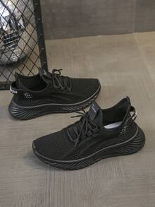 1 par de zapatos deportivos casuales y transpirables con diseño de cordones de malla, adecuados para el verano - Negro - Ver 5