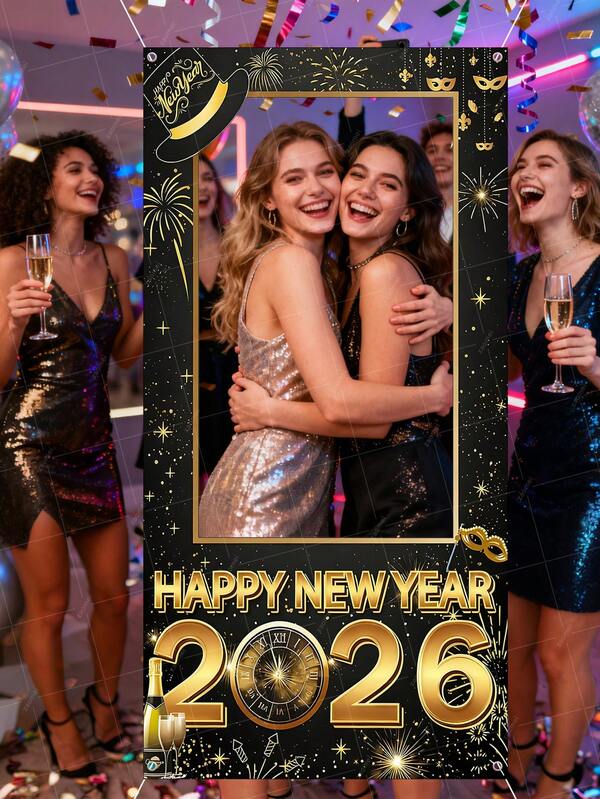 1 pieza 35in/90cm Marco de cabina fotográfica de tela con diseño de fuegos artificiales dorados, reloj y texto "Feliz Año Nuevo 2026", lavable y reutilizable, accesorio fotográfico para decoraciones de fiesta de Año Nuevo