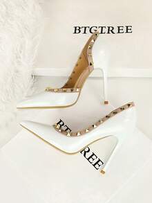 性感尖头高跟鞋，铆钉装饰侧镂空亮面漆皮超高跟鞋，适合夜店、派对等场合，细高跟鞋 - 白色 - 查看 4