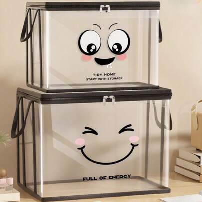 1个大号方形储物盒，带人脸图案盖子和黑色边框 - 加厚透明PVC材质，多用途储物盒，可存放玩具、书籍、宿舍用品等 - 坚固便携，可放置于床下