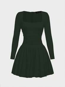 优雅日常复古法式长袖连衣裙，方领褶裥收腰A字喇叭下摆迷你连衣裙，春季款 - 墨綠色 - 查看 3
