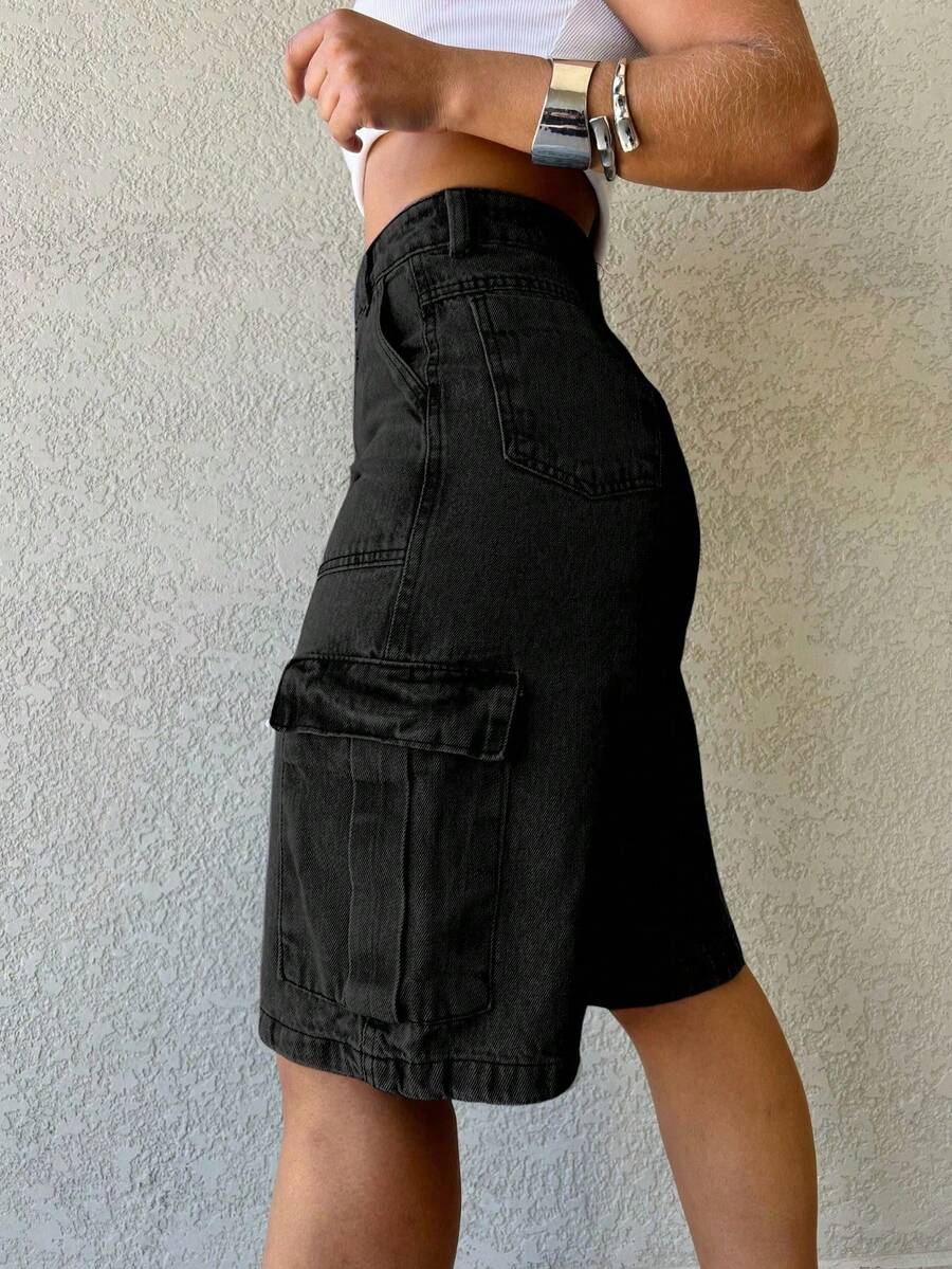 Women's Denim Shorts With Irregular Pockets Bermuda Cargo Shorts With High Waist Pockets Women's  Street Fashion Premium Cotton Fabric - 深灰色 - 查看 1
