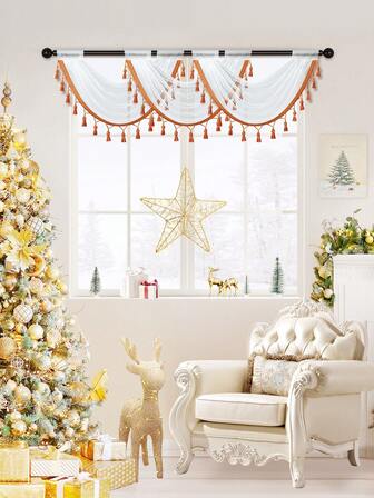 1pc White Sheer Curtain With Orange Tassel Fringe, French Luxe Style Polyester Short Valance, Suitable For Holiday Party, Living Room, Bedroom Window And Door Decor