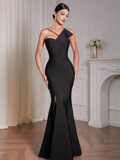 Women's Sexy Strapless High Slit Backless Dress, Elegant Mesh Patchwork Contrast Color Design, Runway Party Evening Gown