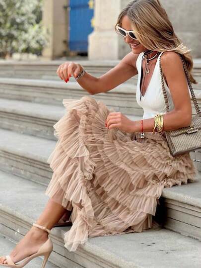 New Fashionable Plus Size Solid Color Versatile Sexy Casual High Waist Mesh Tulle Skirt