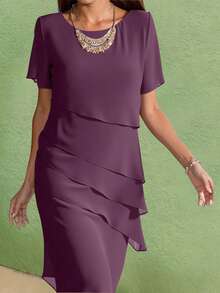 Summer New Arrival Women's Elegant Casual Chiffon Dress Solid Color Short Sleeve Round Neck Flowy Ruffle Hem Loose Straight Dress For OfficeWear - Purple - View 9