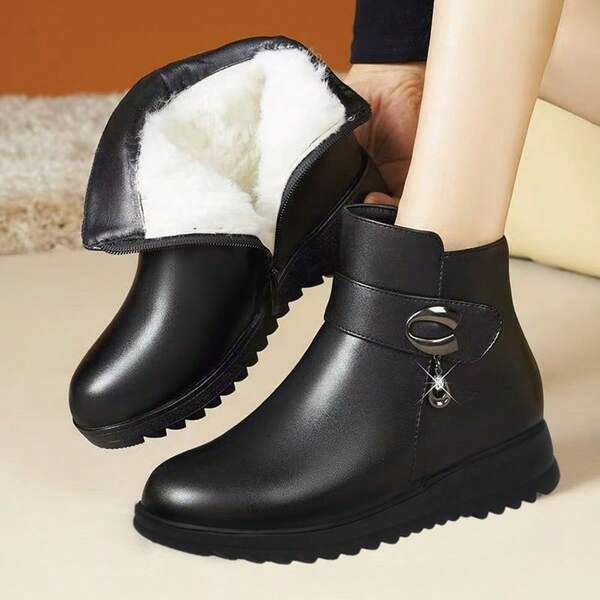 Women's Thermal Lined Short Boots, Casual Sports Shoes, Non-Slip Mother Shoes, Flat Heel Mid-Calf Warm Black Boots, Autumn/Winter