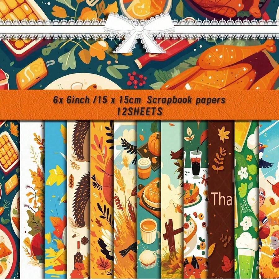 12 coli de hârtie pentru scrapbooking, bloc de hârtie pentru albume de desene animate cu arici de curcan, sperietoare de ciori, recoltă de toamnă, perfect pentru decorarea cadourilor de Crăciun DIY, petrecere festivă, aclamații de sărbători, jurnalizare, ambalare cadou