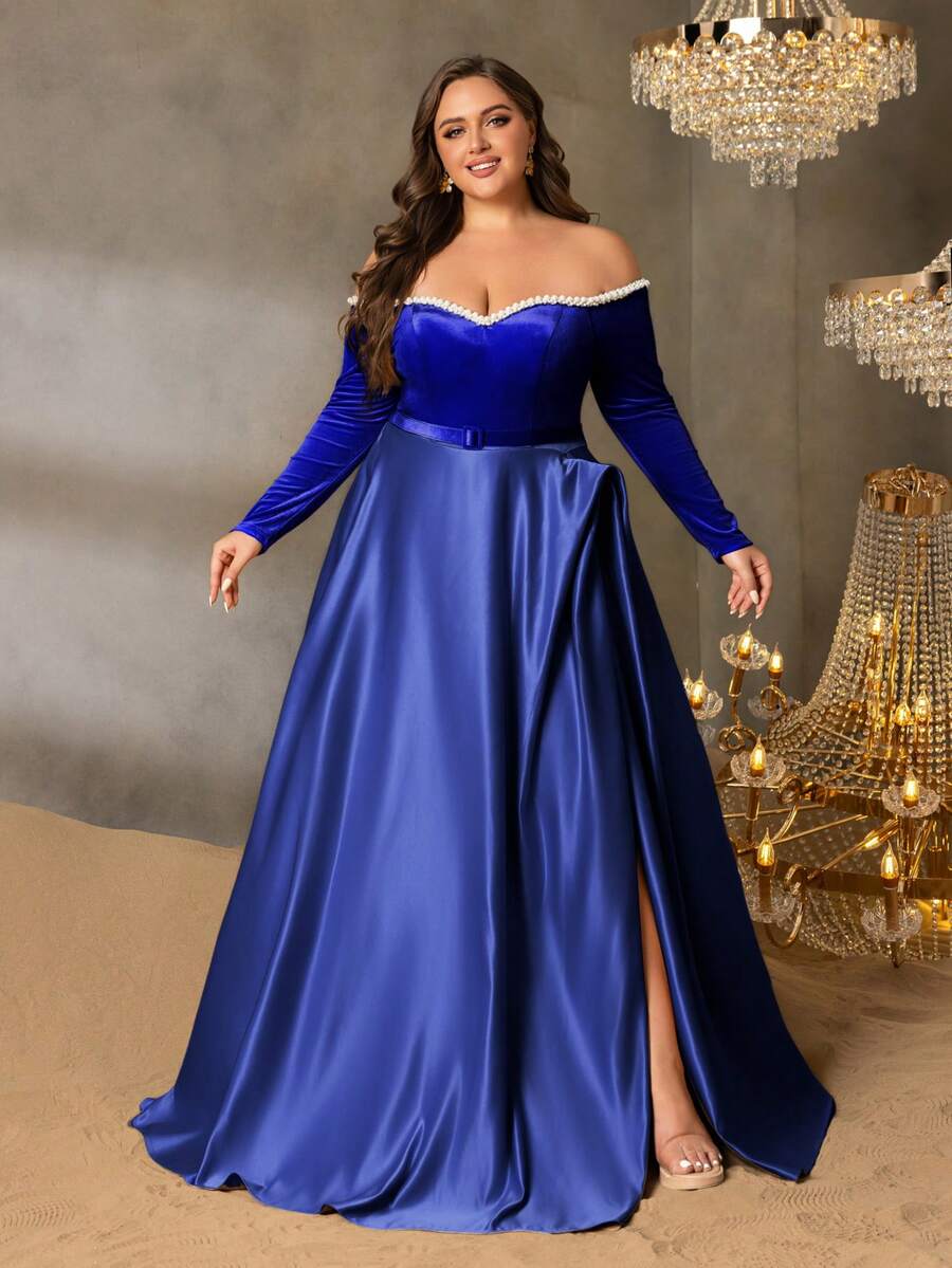 大码女士正式晚礼服，心形领口，A字裙摆，露肩袖，适合婚礼宾客、黑领结晚宴、正式晚宴及其他场合。 - 寶藍色 - 查看 1