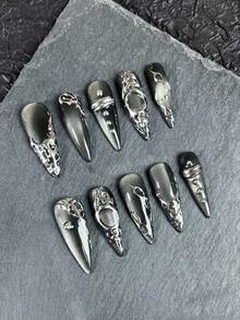 Ten Pieces Of Gray Retro Handmade Nail Art, Gothic Punk Style, Retro Press-On False Nails, Long Almond Press-On False Nails, Reusable False Nails, Nail Art, Suitable For Girls And Ladies To Wear Daily For Parties - Multicolor - View 3