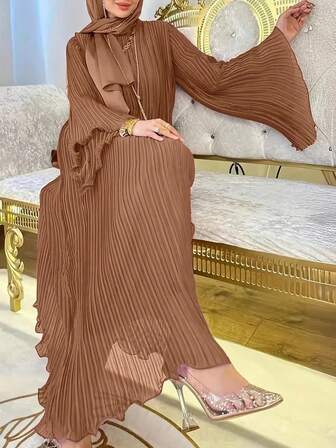 女士纯色百褶长袍，端庄