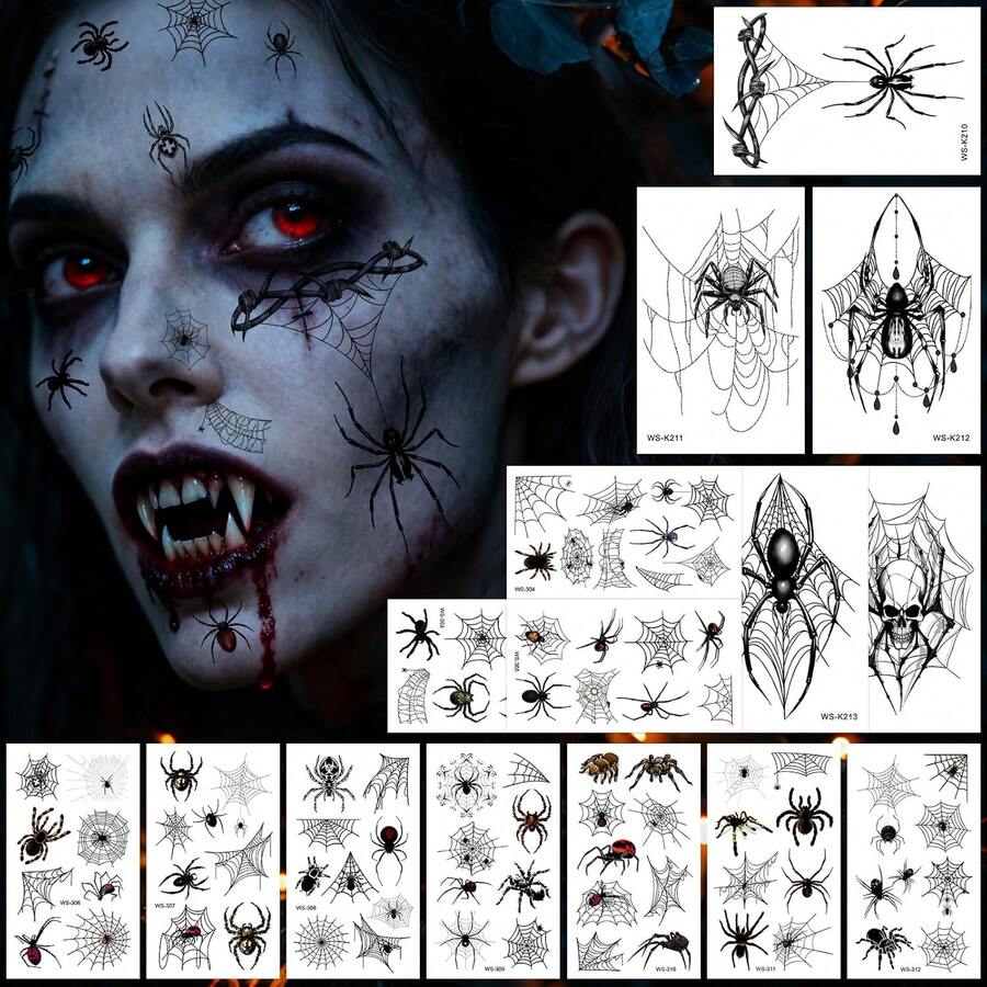 Tatuajes Luminosos para Niños, Diseños Variados, Tatuajes Temporales que Brillan en la Oscuridad - para Fiestas, Regalos y Maquillaje (15Pcs WSJ Tattoo Spider) - 15 piezas de tatuajes de araña WSJ - Ver 1