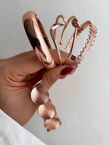 5pcs Vintage Exaggerated Luxurious Geometric Design Wide Metal Gold Bangle Set, Suitable For Daily Wear And Gift - Rose Gold - View 3