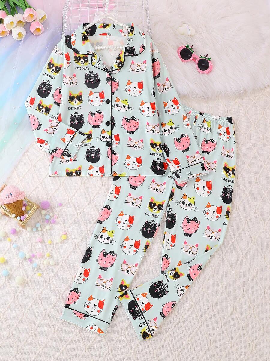 2pcs/Set Girls & Teens Casual Cartoon Cat Print Lapel Long Sleeve Cardigan And Pants Pajama Set, Flame Retardant, All Season