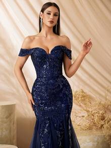 优雅单肩珠绣高腰拼接长裙，露背系带设计，适合舞会、生日派对、晚宴、约会、返校节、婚礼、正式晚宴、家庭聚会等场合。 - 藏蓝色 - 查看 10